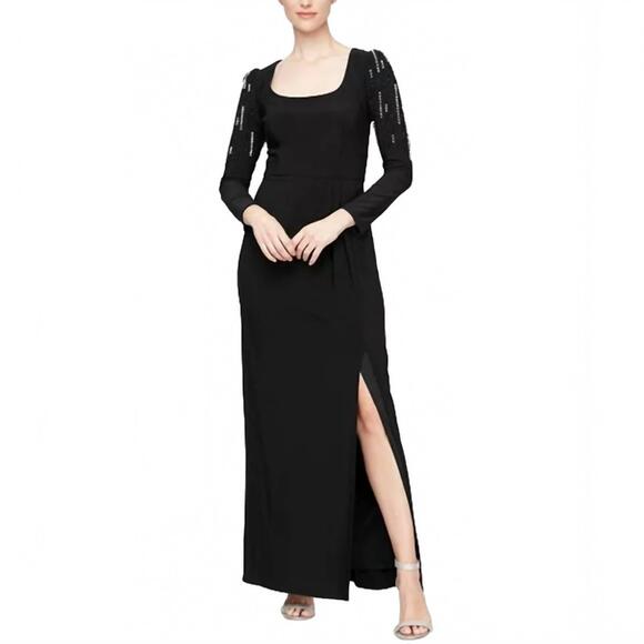 NEW ALEX EVENINGS embellished puff-shoulder long sleeve dress in black